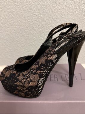 Jennifer Lopez Black Lace Over Nude Slingback Platform Heels
